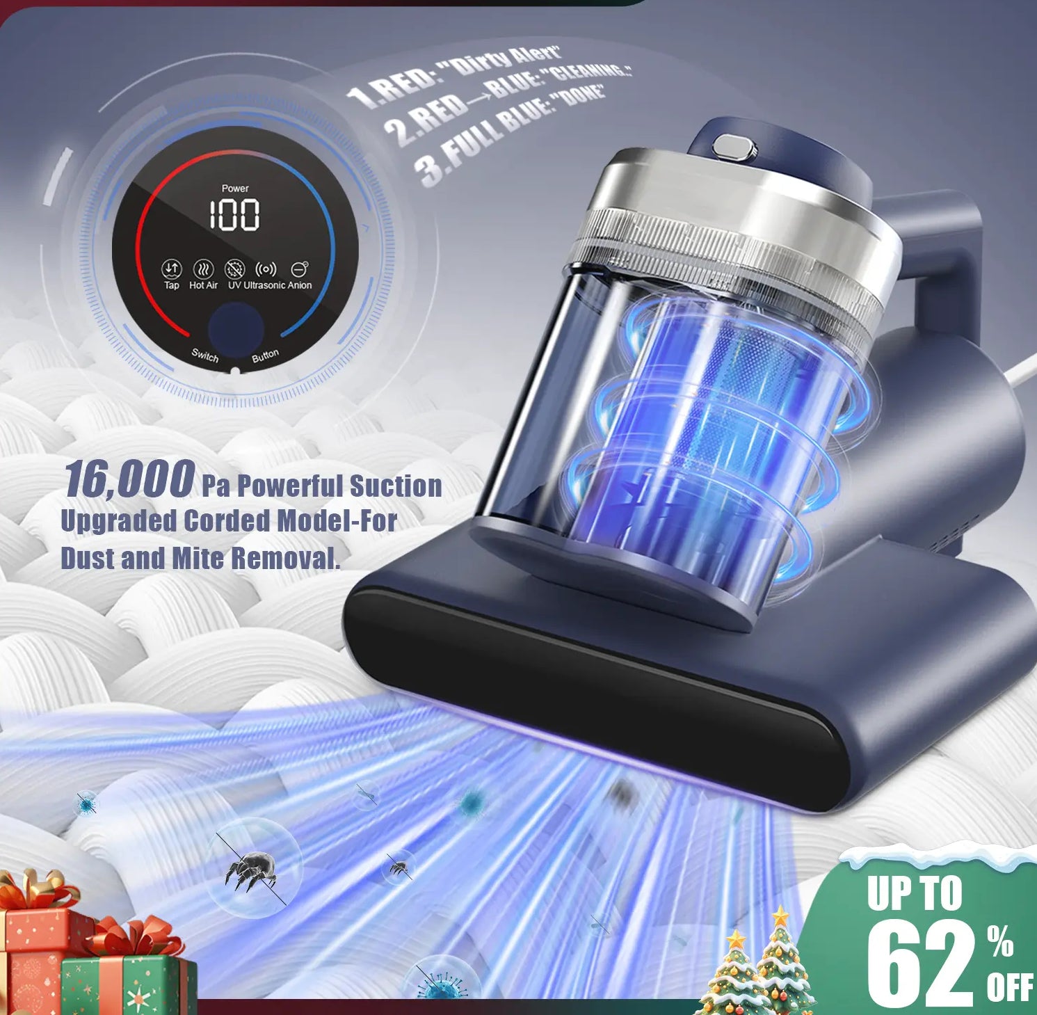 Mattress Vacuum Cleaner for Dust Mites with 16Kpa Powerful Suction